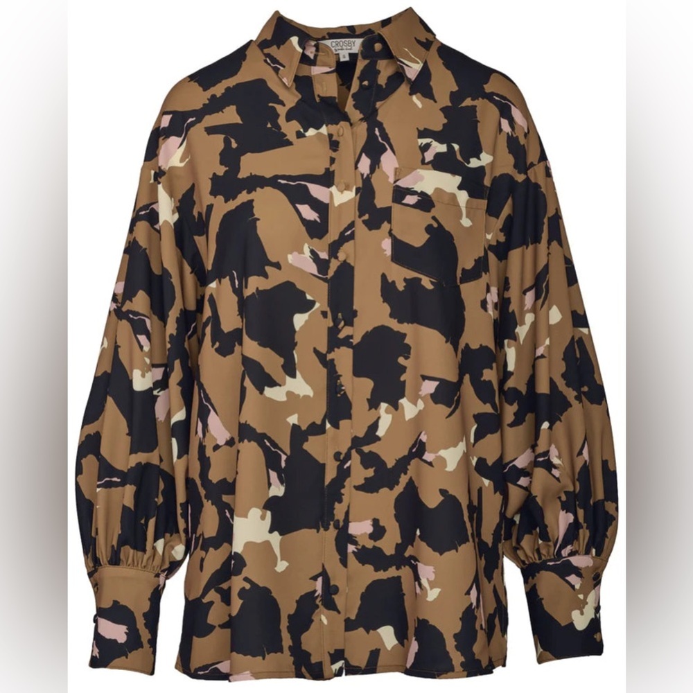 CROSBY by Mollie Burch Mignonne Undone Black Tan Oversized Button Down Shirt XL - Picture 1 of 15